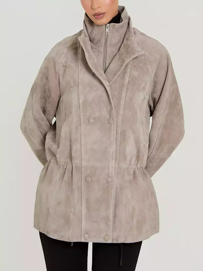 Suede Jacket with Drawstring Waist in Light Taupe - Jackets