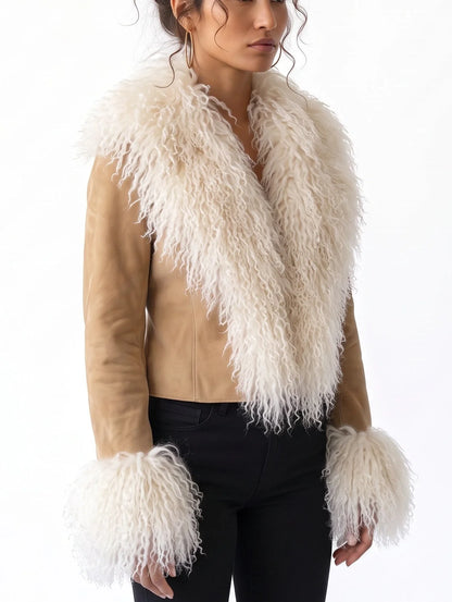 Suede Jacket with Oversized Fur Collar and Cuffs - Jackets