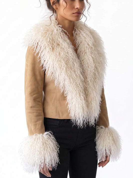 Suede Jacket with Oversized Fur Collar and Cuffs - Jackets