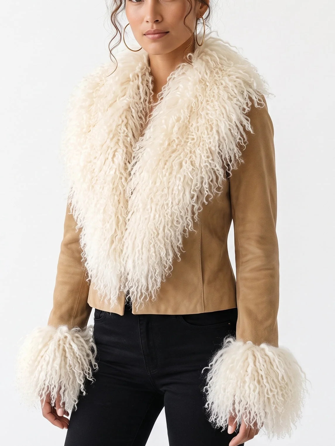 Suede Jacket with Oversized Fur Collar and Cuffs - Jackets