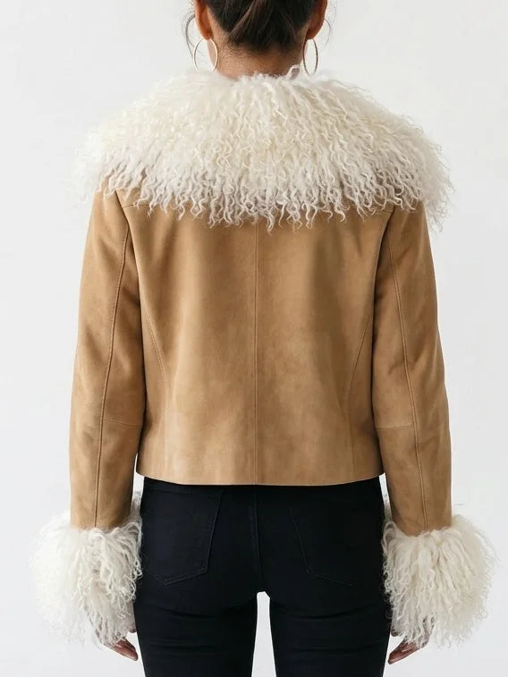 Suede Jacket with Oversized Fur Collar and Cuffs - Jackets
