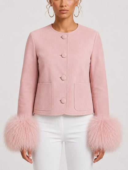 Suede Jacket with Voluminous Shearling Cuffs - S / Pink - Jackets