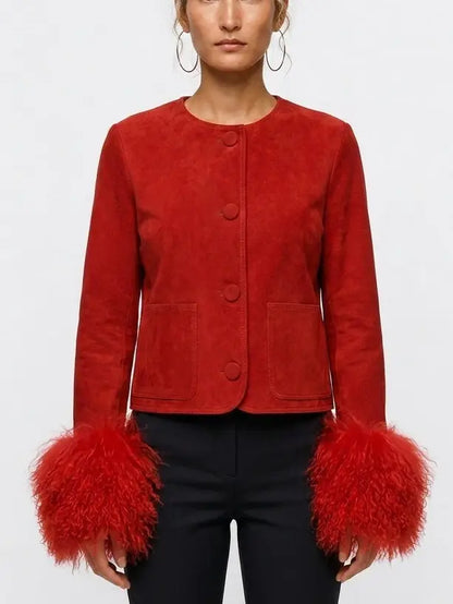 Suede Jacket with Voluminous Shearling Cuffs - Jackets
