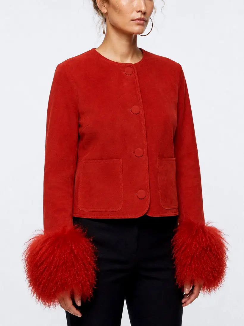 Suede Jacket with Voluminous Shearling Cuffs - Jackets
