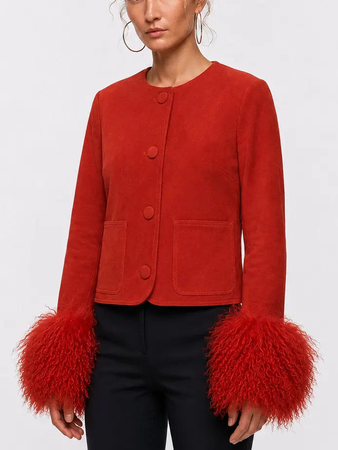 Suede Jacket with Voluminous Shearling Cuffs - Jackets