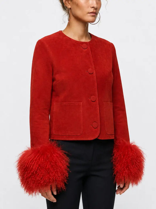 Suede Jacket with Voluminous Shearling Cuffs - Jackets