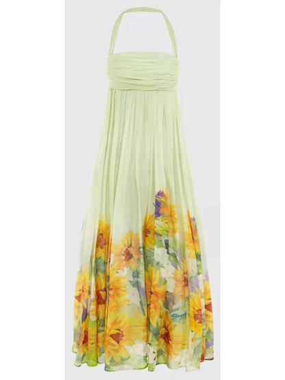 Sunflower Printed Silk Halter-Neck Maxi Dress&nbsp; - Branna Couture