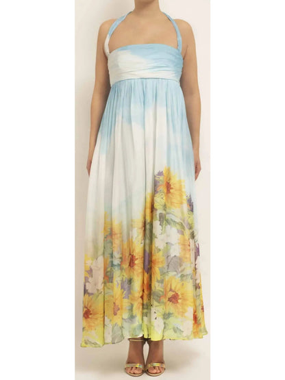 Sunflower and Cloud Printed Silk Halter-Neck Maxi Dress - Branna Couture