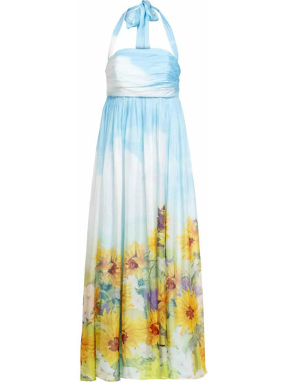 Sunflower and Cloud Printed Silk Halter-Neck Maxi Dress - Branna Couture