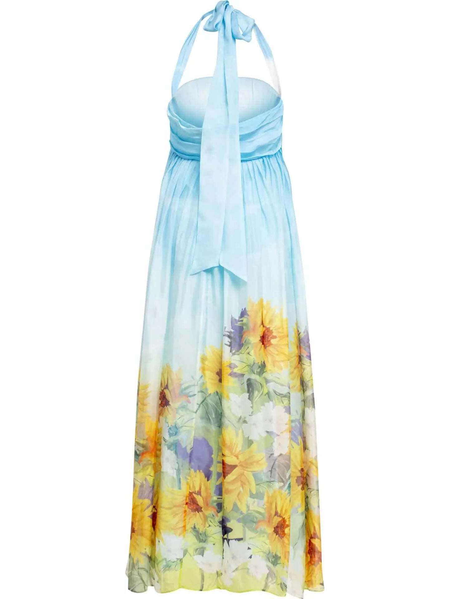 Sunflower and Cloud Printed Silk Halter-Neck Maxi Dress - Branna Couture