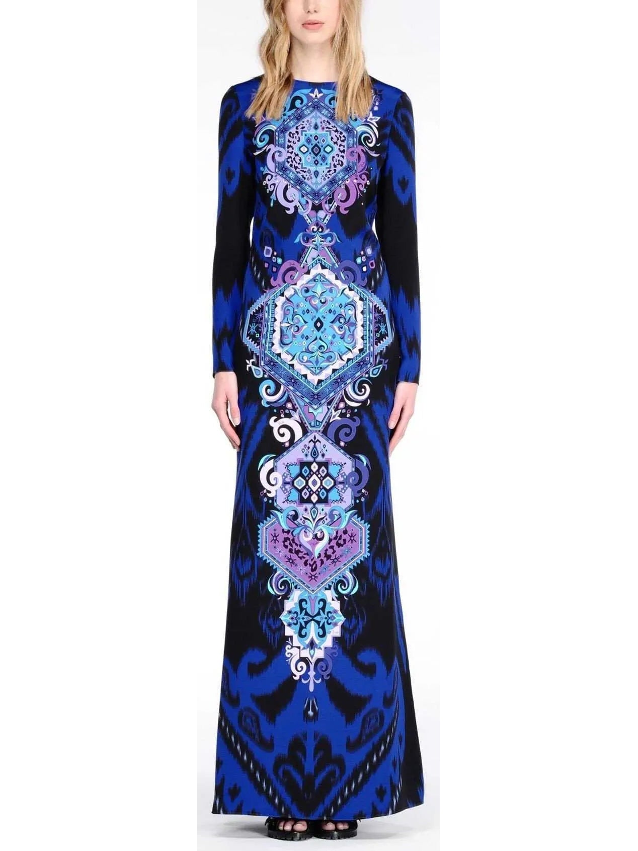 Suzani Motif Printed Long Gown in Blue - Branna Couture