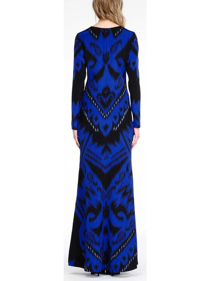 Suzani Motif Printed Long Gown in Blue - Branna Couture