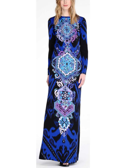 Suzani Motif Printed Long Gown in Blue - Branna Couture