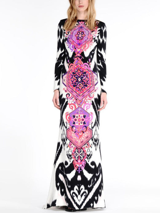 Suzani Printed Long Sleeve Maxi Dress in Multicolor