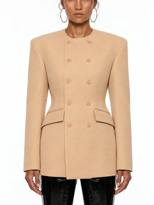 Tailored Collarless Double Breasted Fitted Blazer - Small / Beige - Jackets