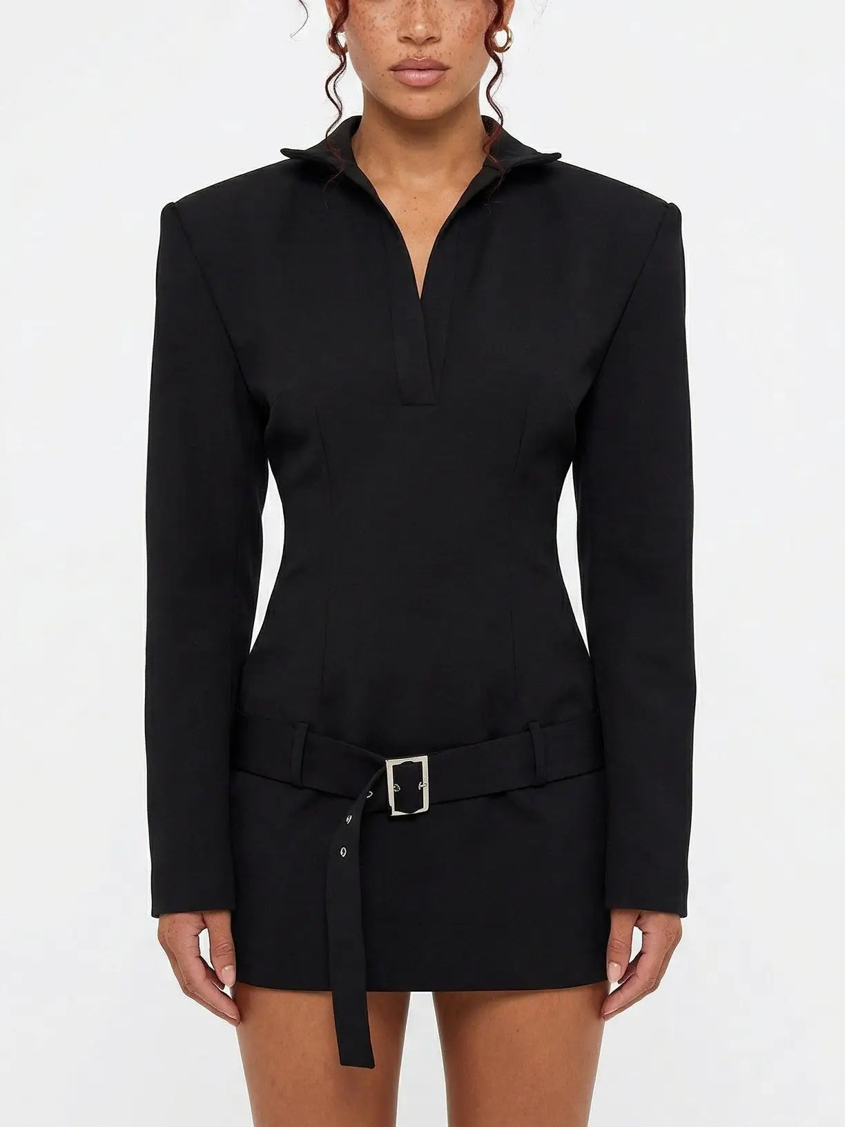 Tailored Belted Mini Dress with Open Collar in Black - Dresses