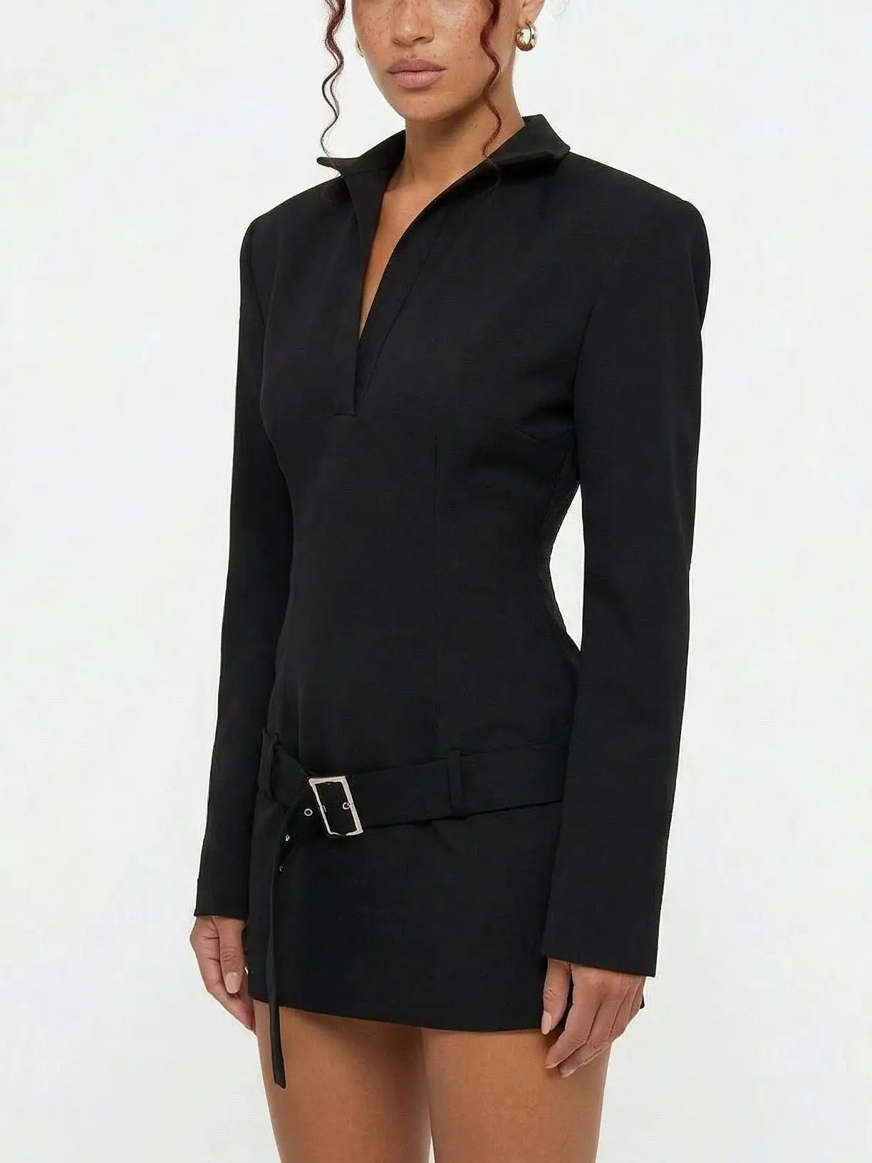 Tailored Belted Mini Dress with Open Collar in Black - Dresses