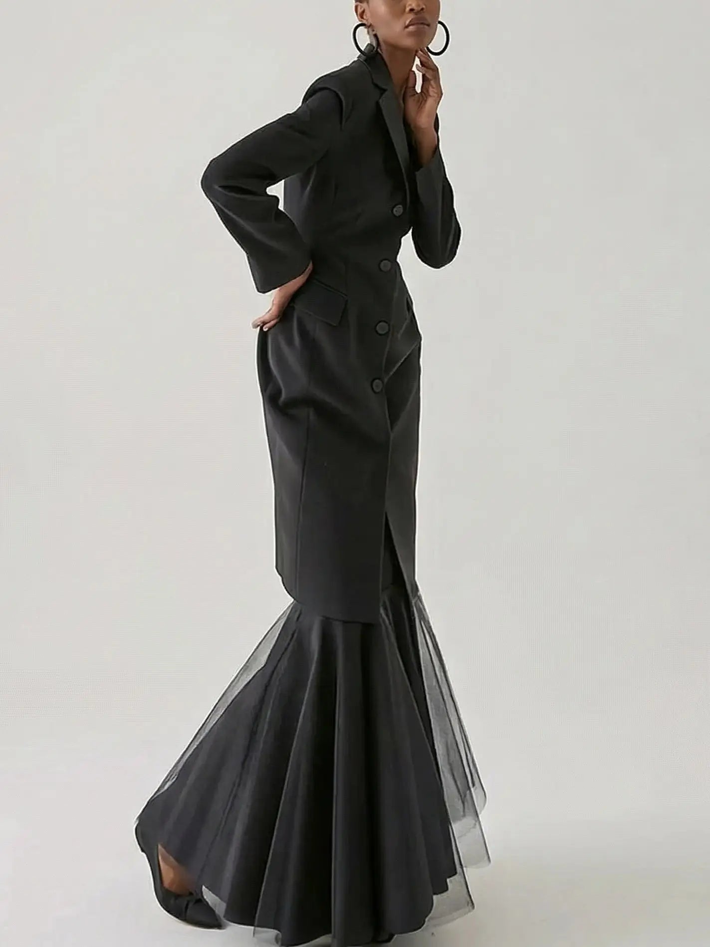 Tailored Black Longline Coat with Tulle Hem Skirt Set - Suits & Sets