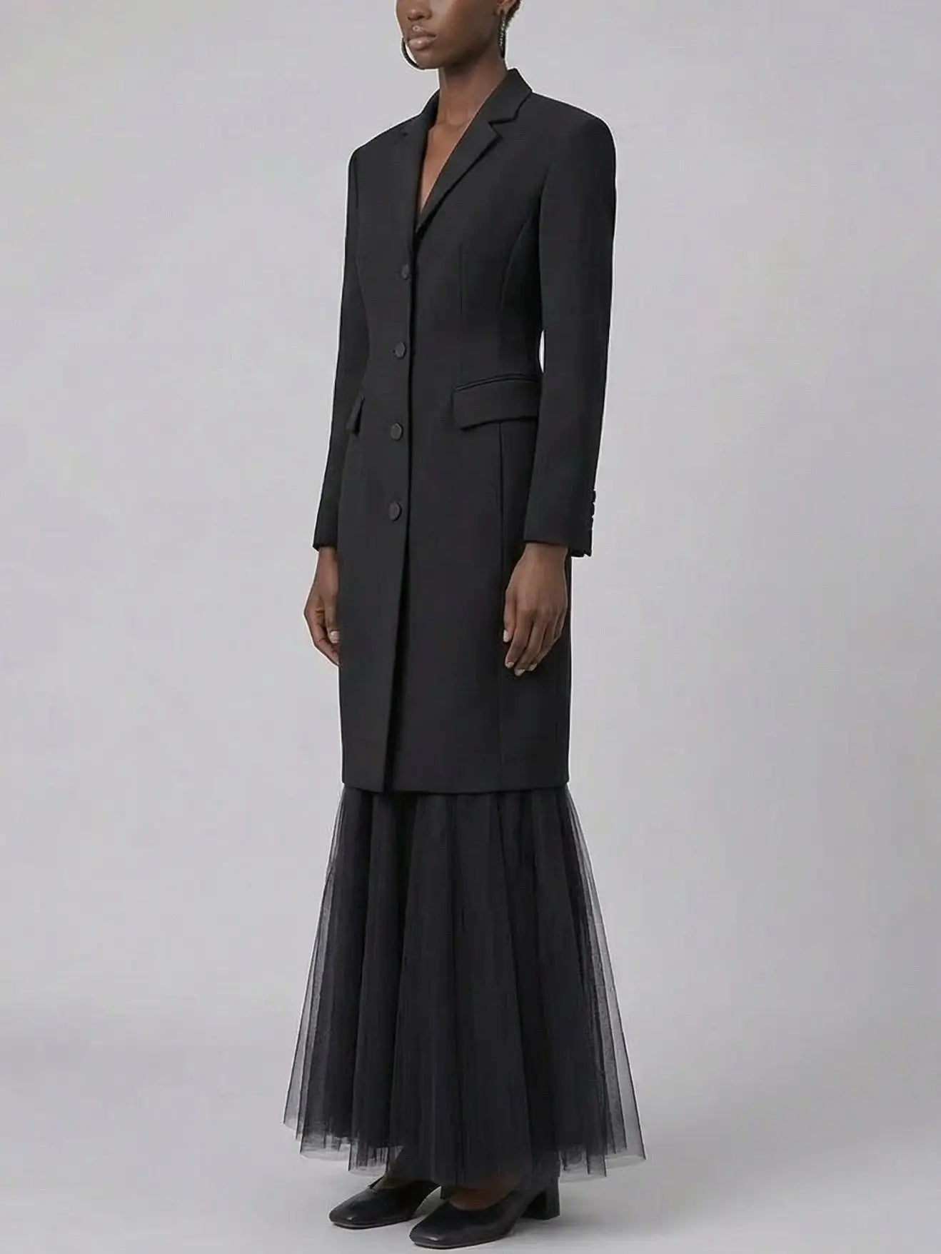 Tailored Black Longline Coat with Tulle Hem Skirt Set - Suits & Sets