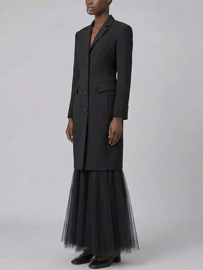 Tailored Black Longline Coat with Tulle Hem Skirt Set - Suits & Sets