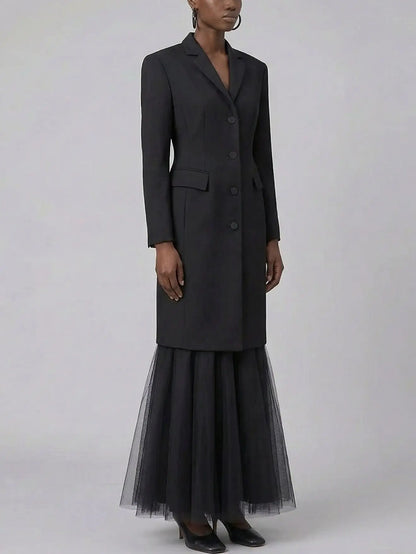 Tailored Black Longline Coat with Tulle Hem Skirt Set - Suits & Sets