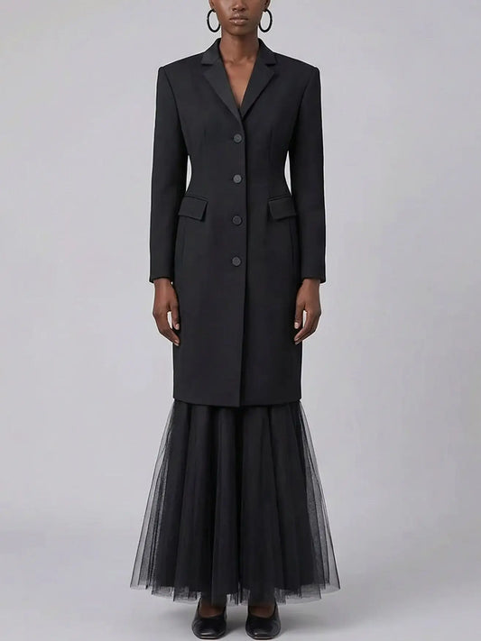 Tailored Black Longline Coat with Tulle Hem Skirt Set - Small - Suits & Sets
