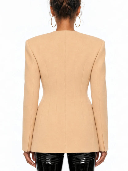 Tailored Collarless Double Breasted Fitted Blazer - Jackets