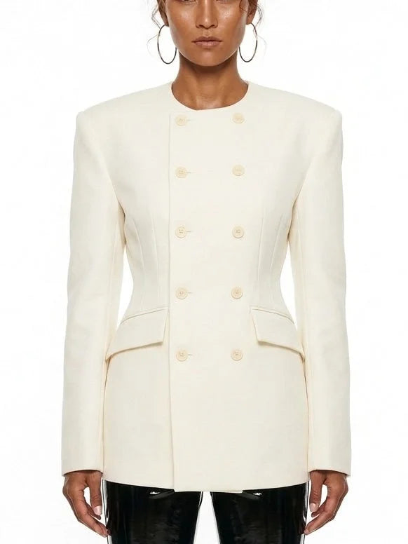 Tailored Collarless Double Breasted Fitted Blazer - Small / White - Jackets