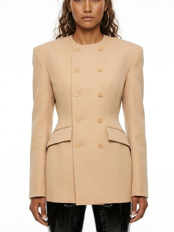 Tailored Collarless Double Breasted Fitted Blazer - Jackets