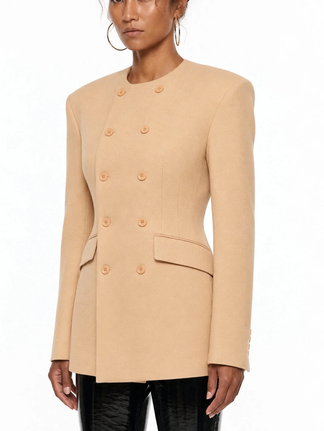 Tailored Collarless Double Breasted Fitted Blazer - Jackets