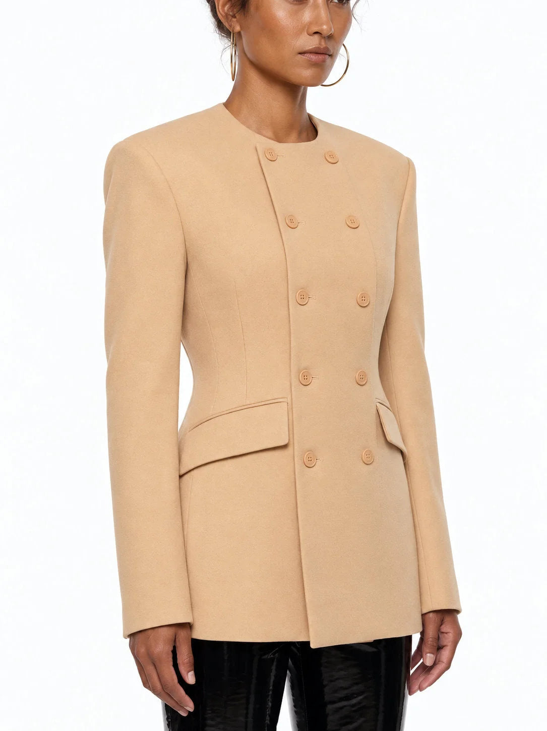 Tailored Collarless Double Breasted Fitted Blazer - Jackets