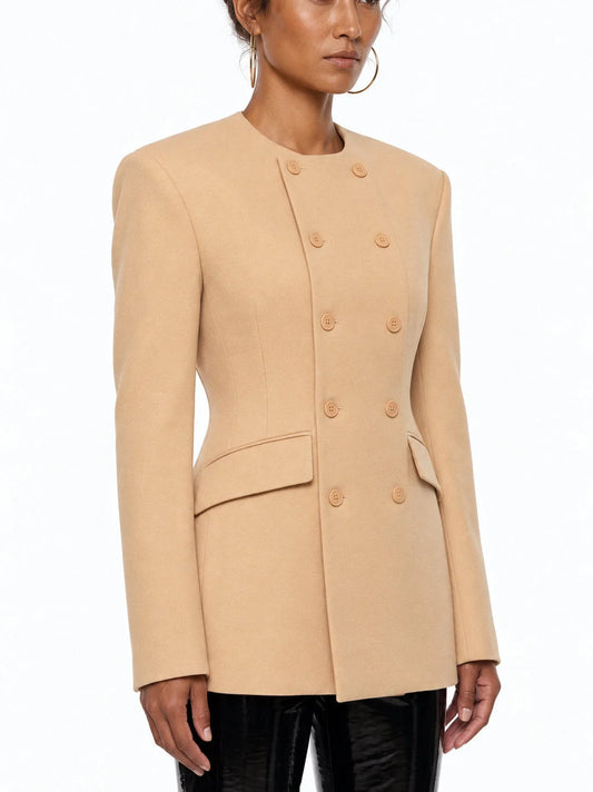 Tailored Collarless Double Breasted Fitted Blazer - Jackets