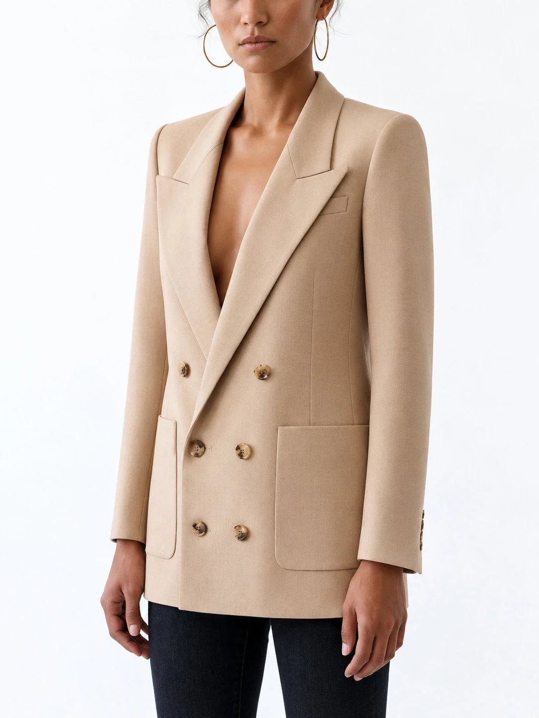 Tailored Double Breasted Peak Lapel Blazer with Padded Shoulders - Jackets