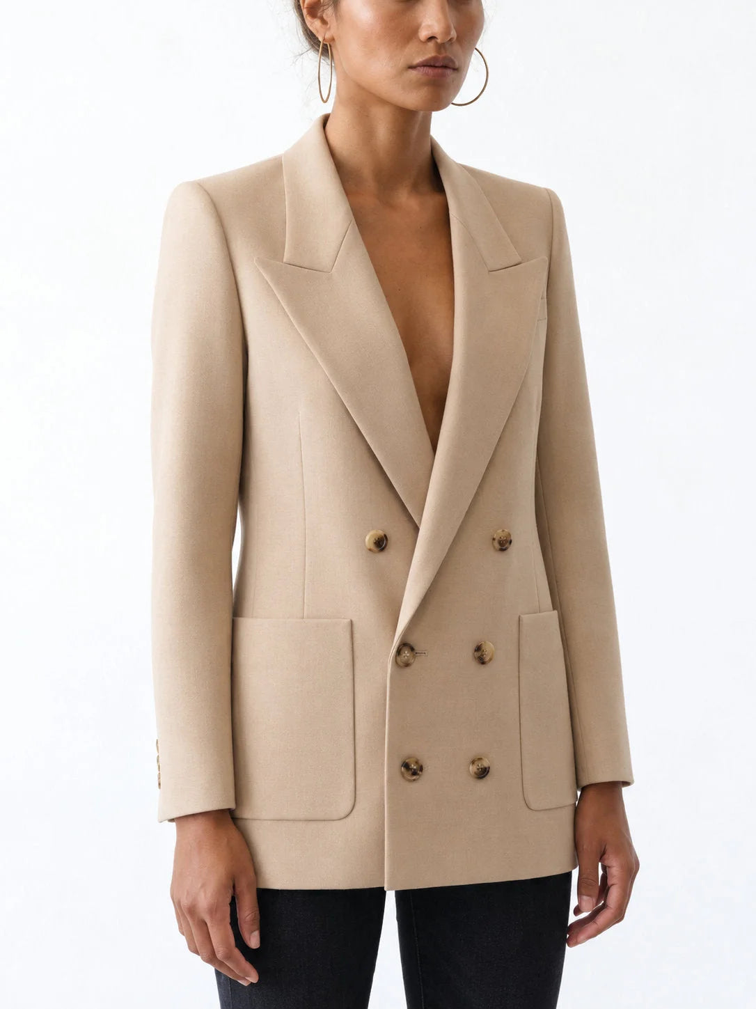 Tailored Double Breasted Peak Lapel Blazer with Padded Shoulders - Jackets
