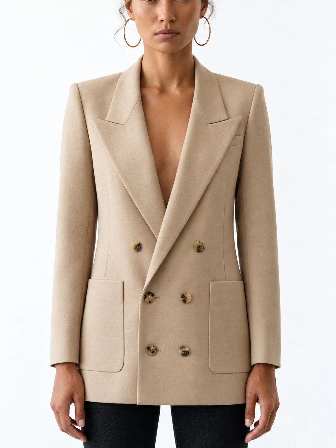 Tailored Double Breasted Peak Lapel Blazer with Padded Shoulders - Jackets