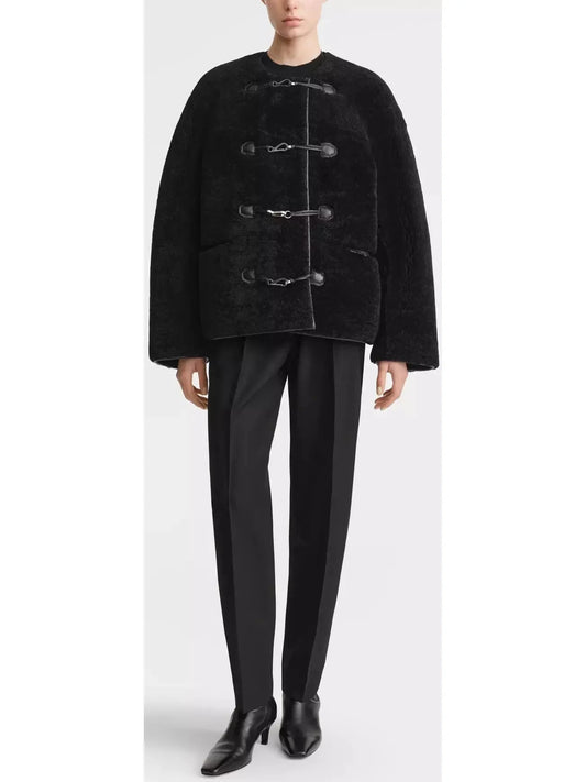 Teddy Shearling Clasp Jacket, Black - Branna Couture