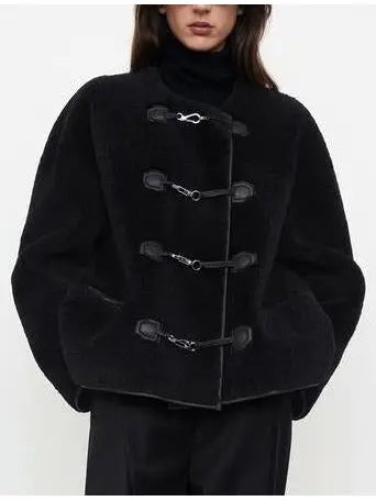 Teddy Shearling Clasp Jacket, Black - Branna Couture