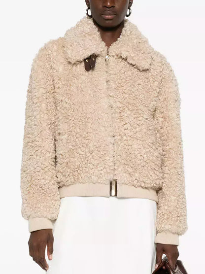 Teddy Zip-Front Jacket with Leather Trim - Jackets