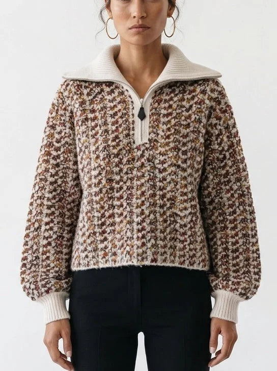 Textured Bouclé Knit Zip Sweater with Wide Collar - Small - Sweaters & Knitwear