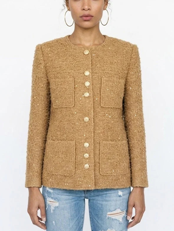 Textured Camel Bouclé Tweed Jacket with Gold Buttons - Small - Jackets