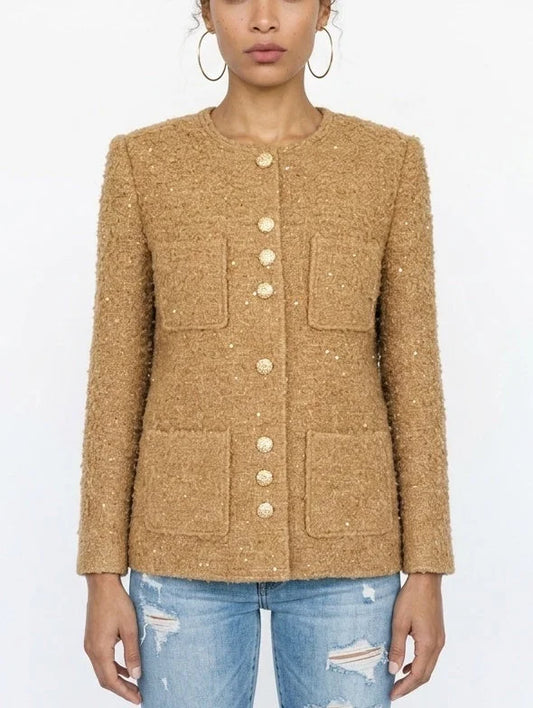 Textured Camel Bouclé Tweed Jacket with Gold Buttons - Small - Jackets