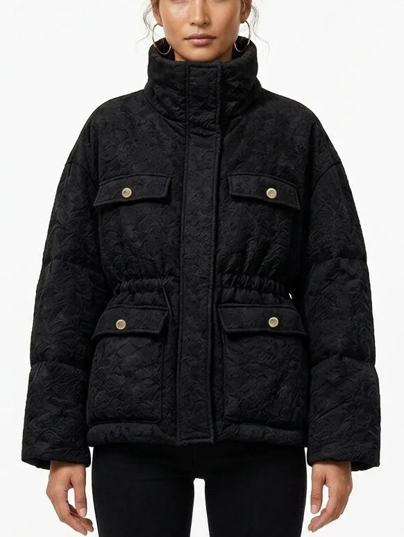 Textured Floral Puffer Jacket with Gold Button Pockets - S / Black - Jackets
