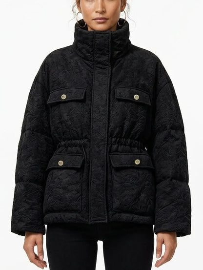 Textured Floral Puffer Jacket with Gold Button Pockets - S / Black - Jackets