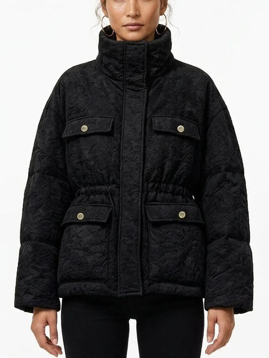 Textured Floral Puffer Jacket with Gold Button Pockets - S / Black - Jackets