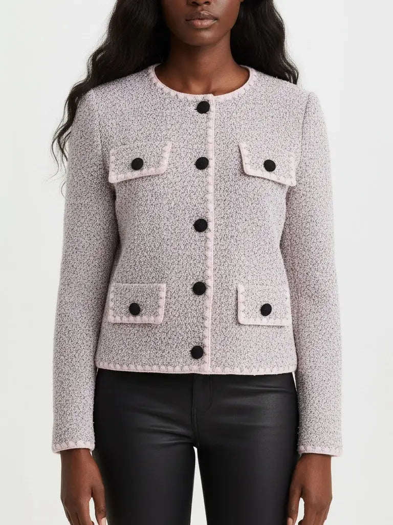 Textured Knit Cardigan with Crochet Buttons - S / Pink - Sweaters & Knitwear