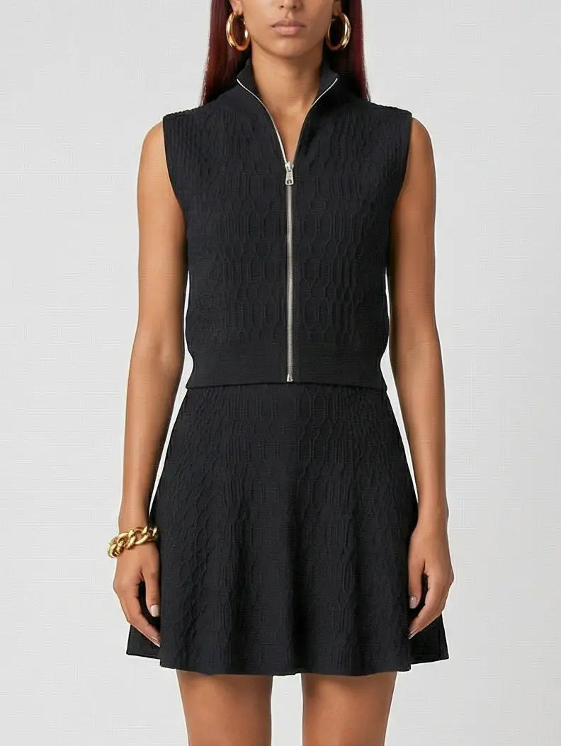 Textured Knit Zip-Front Top and A-Line Mini Skirt Set - S / Black - Suits & Sets