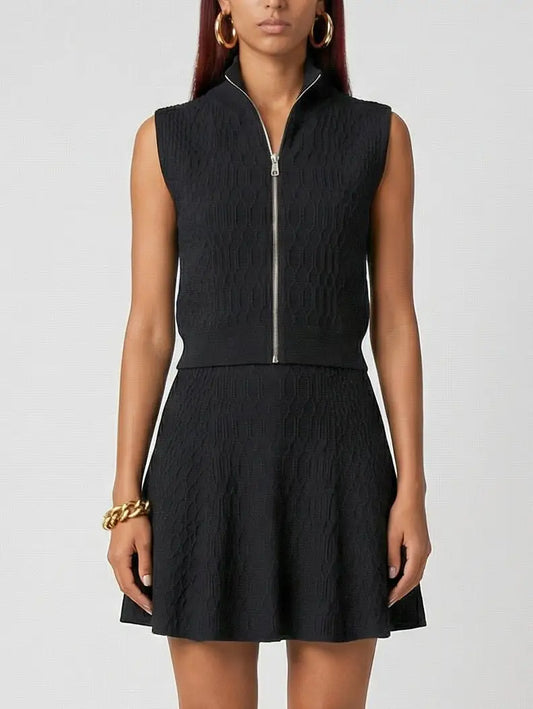 Textured Knit Zip-Front Top and A-Line Mini Skirt Set - S / Black - Suits & Sets