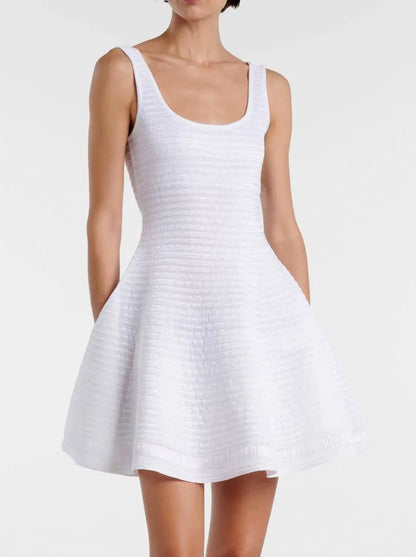 Textured Sleeveless Knit Flared Mini Dress - S / White - Dresses