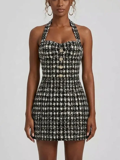 Textured Tweed Halter Mini Dress with Gold Buttons - small - Dresses