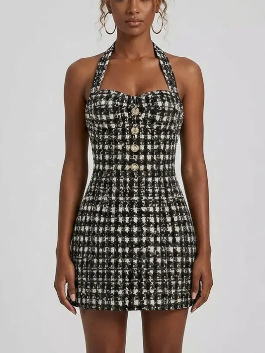 Textured Tweed Halter Mini Dress with Gold Buttons - small - Dresses